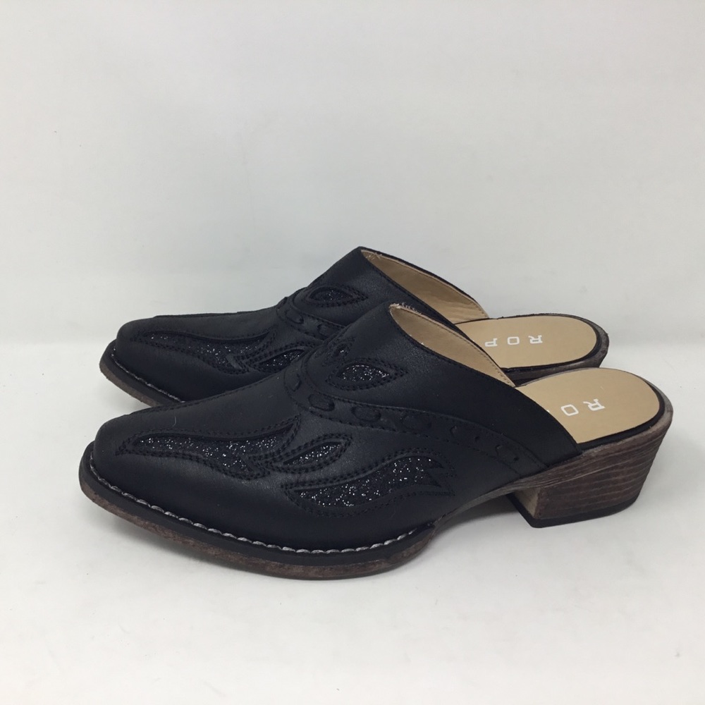 Roper Black Mules with Brown Heel